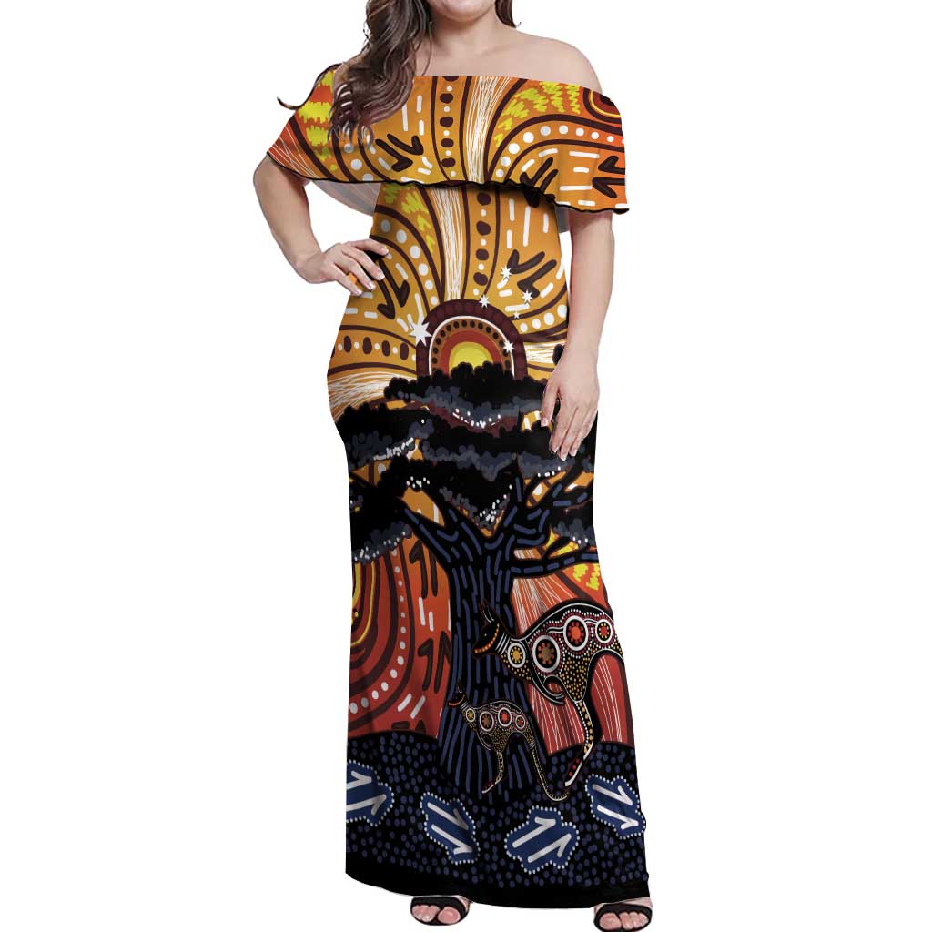 Australia Mother's Day Personalised Off Shoulder Maxi Dress Kangaroo With Aboriginal Tree Art