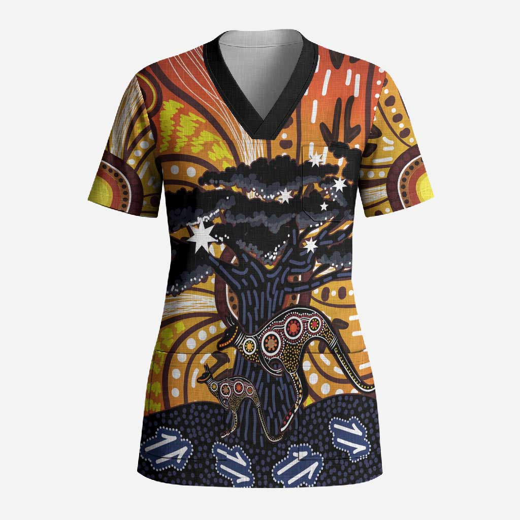 Australia Mother's Day Personalised Scrub Top Kangaroo With Aboriginal Tree Art