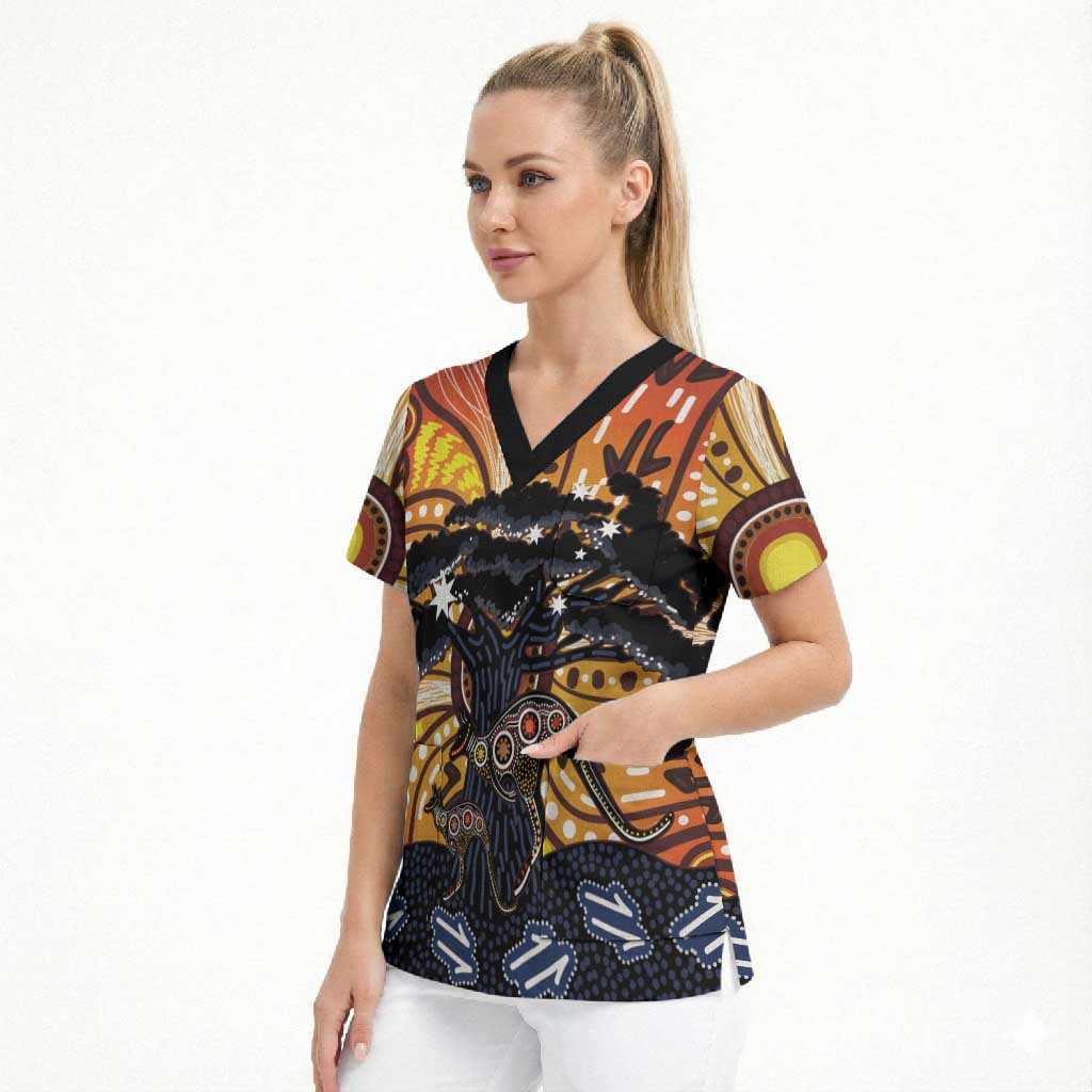 Australia Mother's Day Personalised Scrub Top Kangaroo With Aboriginal Tree Art