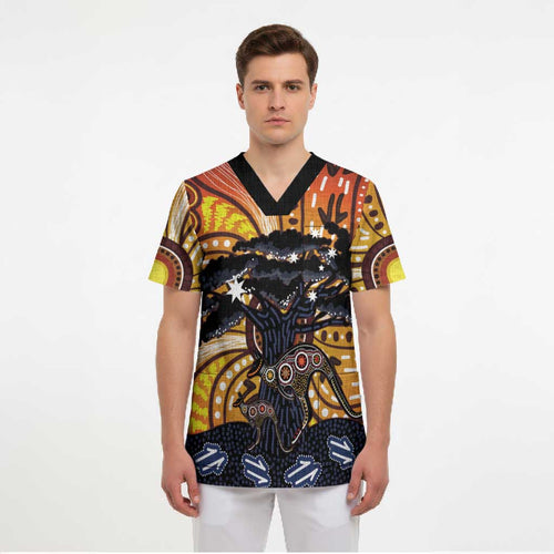 Australia Mother's Day Personalised Scrub Top Kangaroo With Aboriginal Tree Art