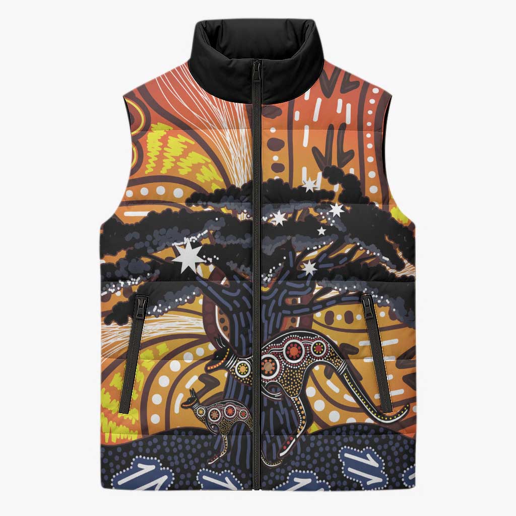 Australia Mother's Day Personalised Sleeveless Puffer Jacket Kangaroo With Aboriginal Tree Art