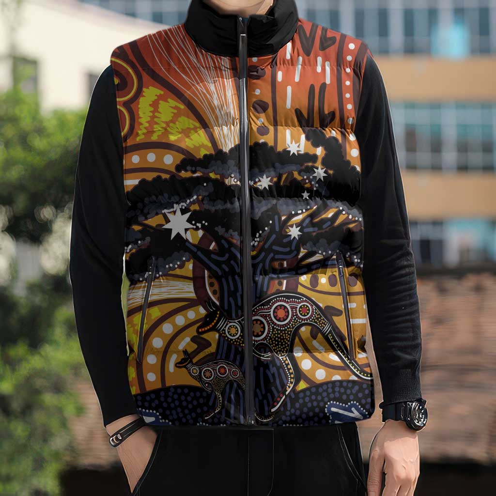 Australia Mother's Day Personalised Sleeveless Puffer Jacket Kangaroo With Aboriginal Tree Art