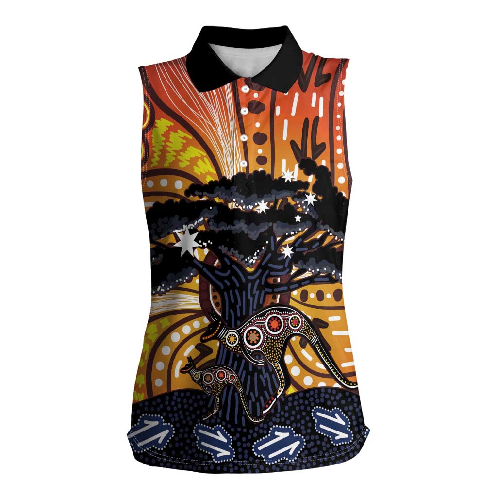 Australia Mother's Day Personalised Women Sleeveless Polo Shirt Kangaroo With Aboriginal Tree Art