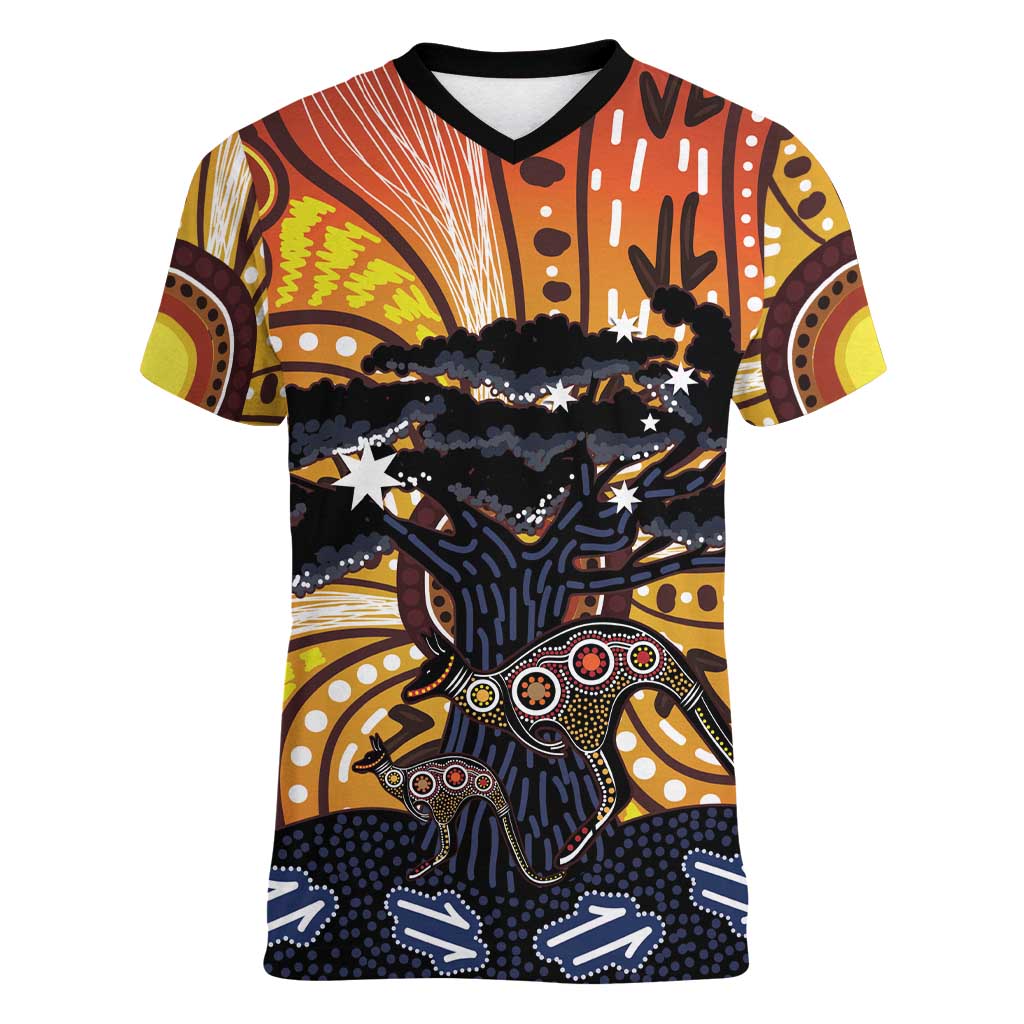 Australia Mother's Day Personalised Women V-Neck T-Shirt Kangaroo With Aboriginal Tree Art