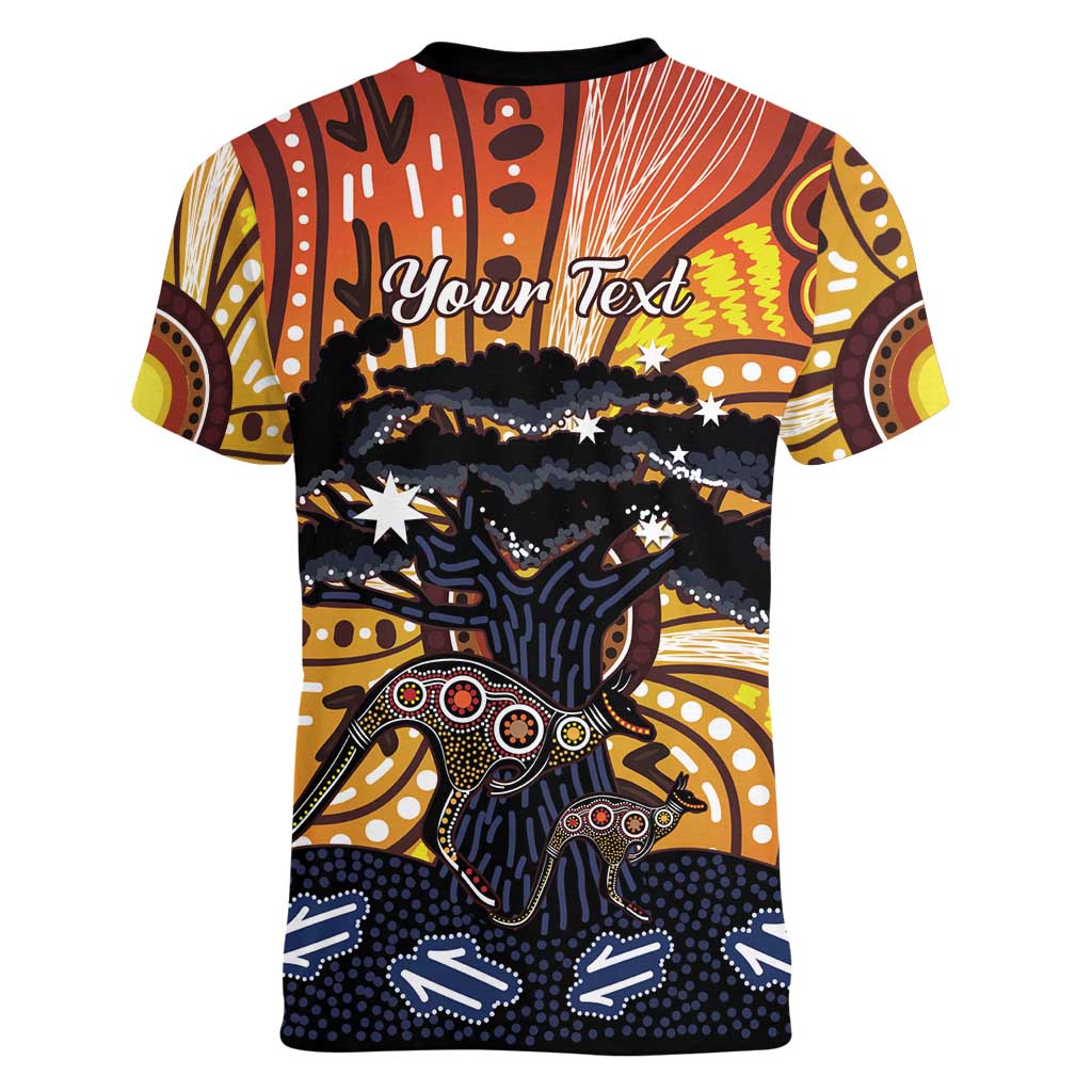Australia Mother's Day Personalised Women V-Neck T-Shirt Kangaroo With Aboriginal Tree Art