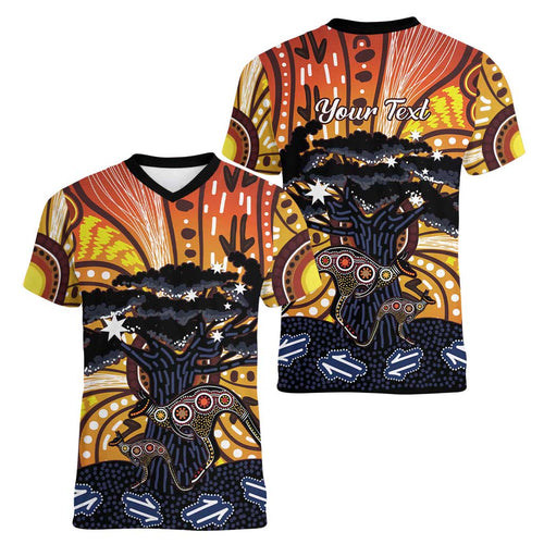 Australia Mother's Day Personalised Women V-Neck T-Shirt Kangaroo With Aboriginal Tree Art