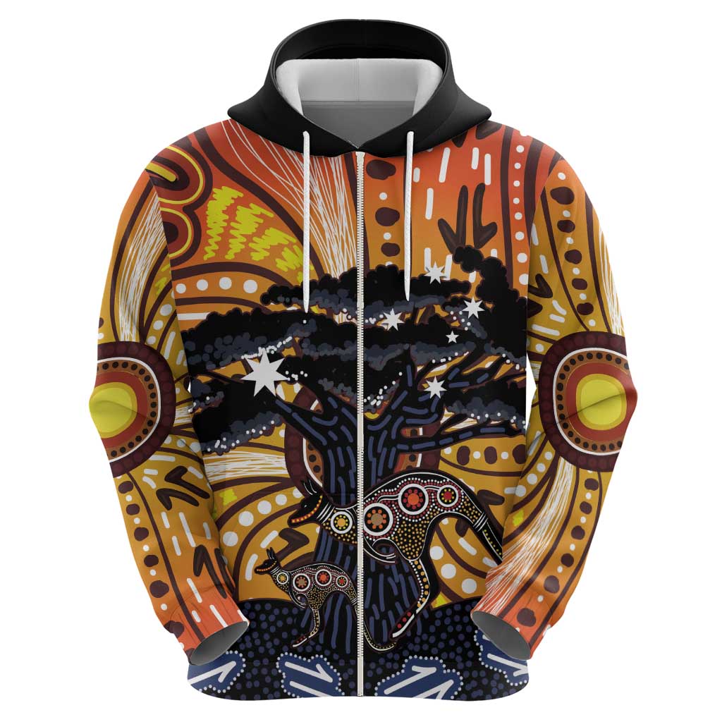 Australia Mother's Day Personalised Zip Hoodie Kangaroo With Aboriginal Tree Art