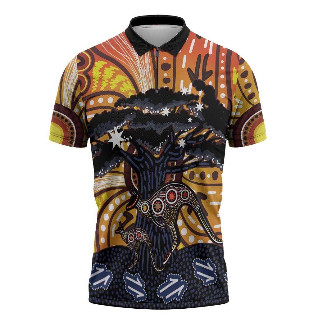 Australia Mother's Day Personalised Zipper Polo Shirt Kangaroo With Aboriginal Tree Art