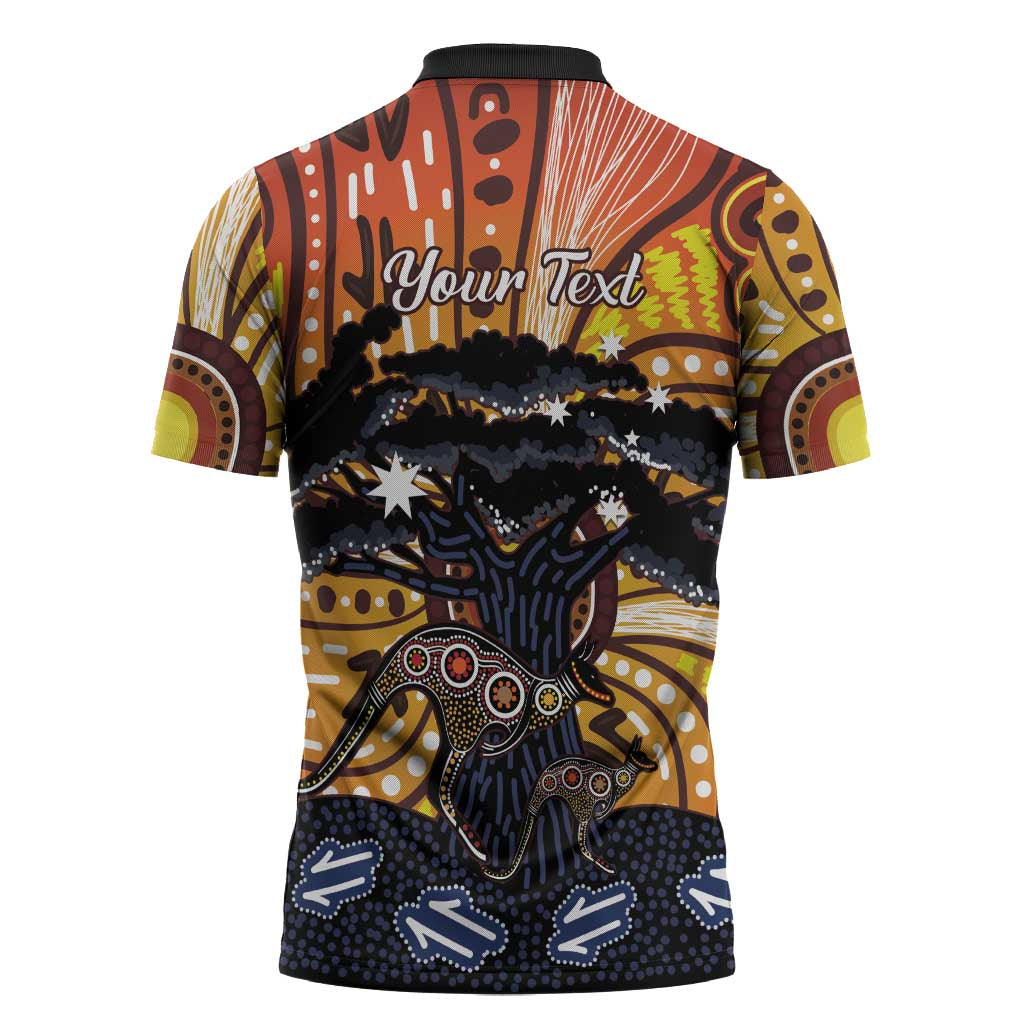 Australia Mother's Day Personalised Zipper Polo Shirt Kangaroo With Aboriginal Tree Art