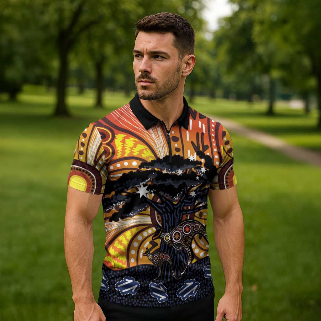Australia Mother's Day Personalised Zipper Polo Shirt Kangaroo With Aboriginal Tree Art