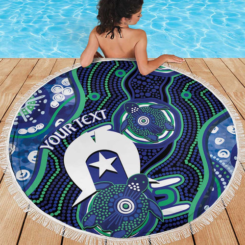 Personalised Torres Strait Islander Flag Day Beach Blanket Aboriginal Sea Turtle And Dhari