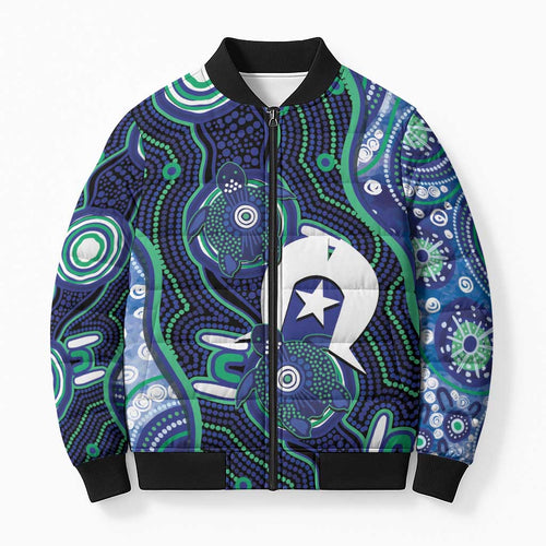 Personalised Torres Strait Islander Flag Day Bomber Puffer Jacket Aboriginal Sea Turtle And Dhari