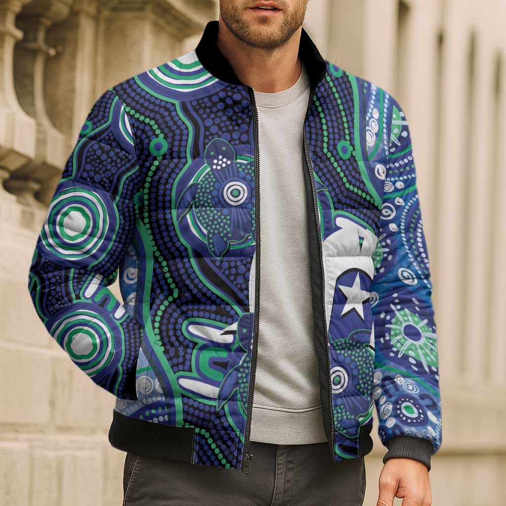 Personalised Torres Strait Islander Flag Day Bomber Puffer Jacket Aboriginal Sea Turtle And Dhari