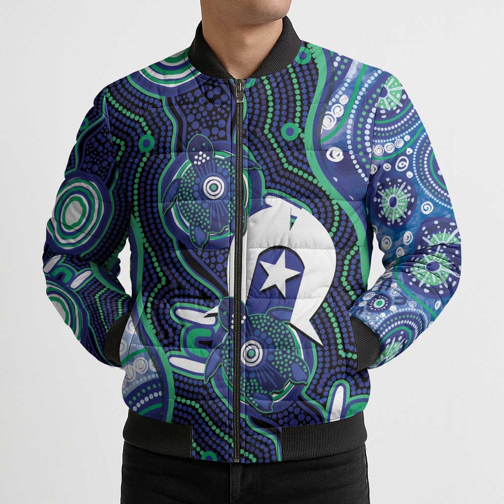 Personalised Torres Strait Islander Flag Day Bomber Puffer Jacket Aboriginal Sea Turtle And Dhari