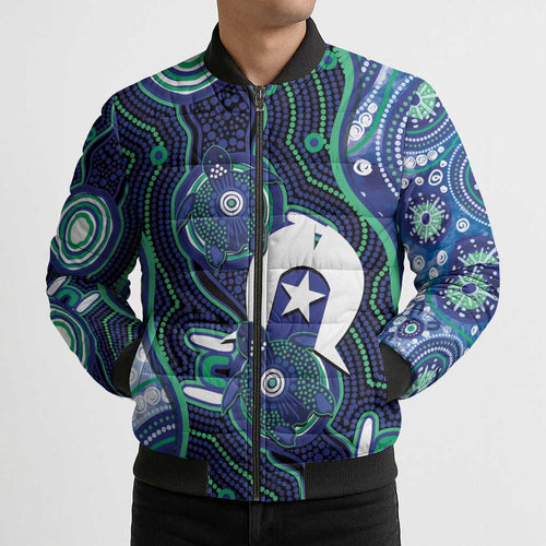 Personalised Torres Strait Islander Flag Day Bomber Puffer Jacket Aboriginal Sea Turtle And Dhari