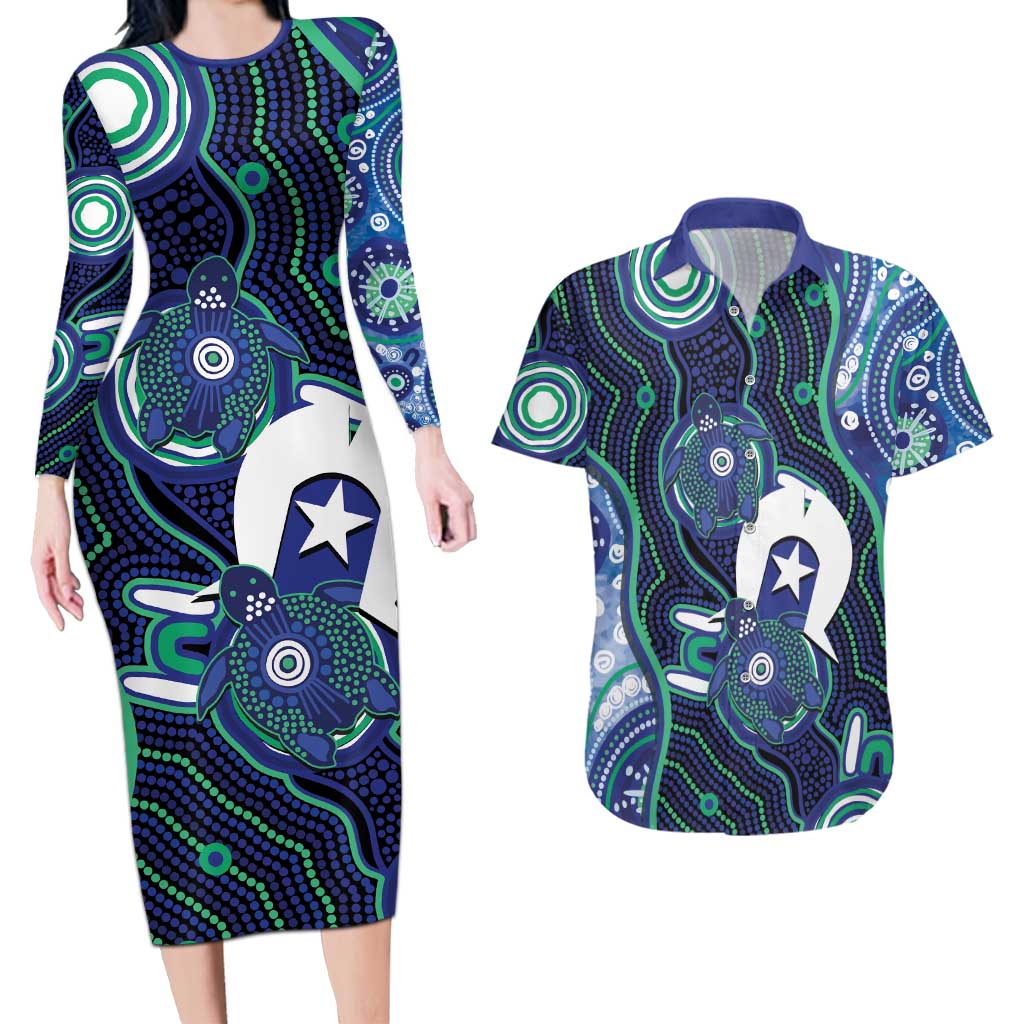 Personalised Torres Strait Islander Flag Day Couples Matching Long Sleeve Bodycon Dress and Hawaiian Shirt Aboriginal Sea Turtle And Dhari