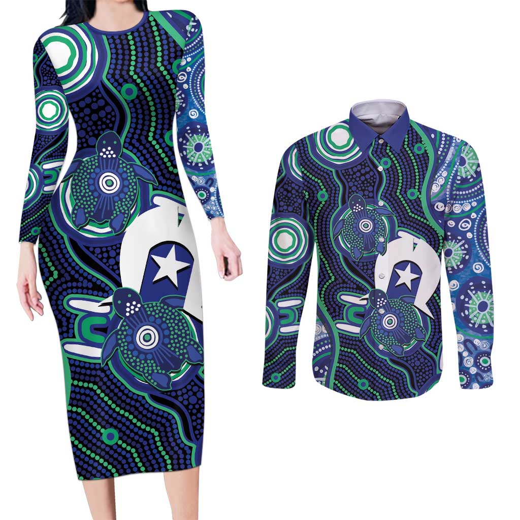 Personalised Torres Strait Islander Flag Day Couples Matching Long Sleeve Bodycon Dress and Long Sleeve Button Shirt Aboriginal Sea Turtle And Dhari