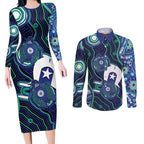 Personalised Torres Strait Islander Flag Day Couples Matching Long Sleeve Bodycon Dress and Long Sleeve Button Shirt Aboriginal Sea Turtle And Dhari