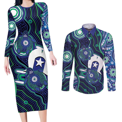 Personalised Torres Strait Islander Flag Day Couples Matching Long Sleeve Bodycon Dress and Long Sleeve Button Shirt Aboriginal Sea Turtle And Dhari