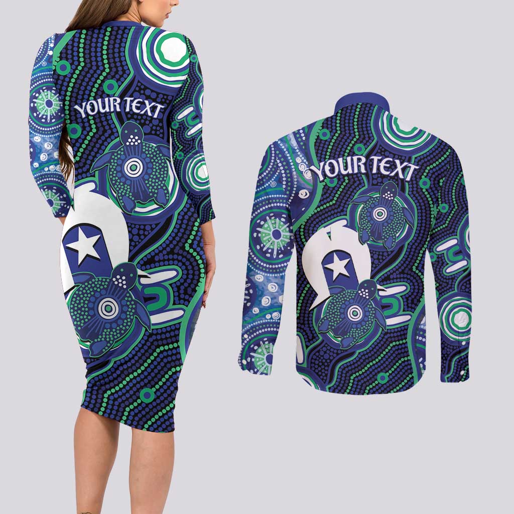 Personalised Torres Strait Islander Flag Day Couples Matching Long Sleeve Bodycon Dress and Long Sleeve Button Shirt Aboriginal Sea Turtle And Dhari