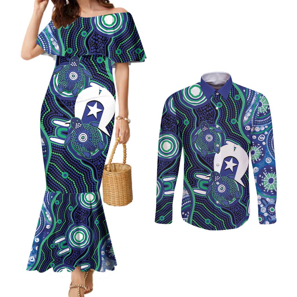 Personalised Torres Strait Islander Flag Day Couples Matching Mermaid Dress and Long Sleeve Button Shirt Aboriginal Sea Turtle And Dhari