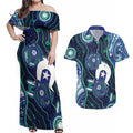 Personalised Torres Strait Islander Flag Day Couples Matching Off Shoulder Maxi Dress and Hawaiian Shirt Aboriginal Sea Turtle And Dhari