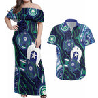 Personalised Torres Strait Islander Flag Day Couples Matching Off Shoulder Maxi Dress and Hawaiian Shirt Aboriginal Sea Turtle And Dhari
