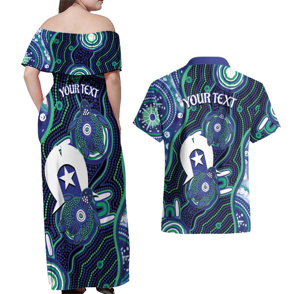 Personalised Torres Strait Islander Flag Day Couples Matching Off Shoulder Maxi Dress and Hawaiian Shirt Aboriginal Sea Turtle And Dhari