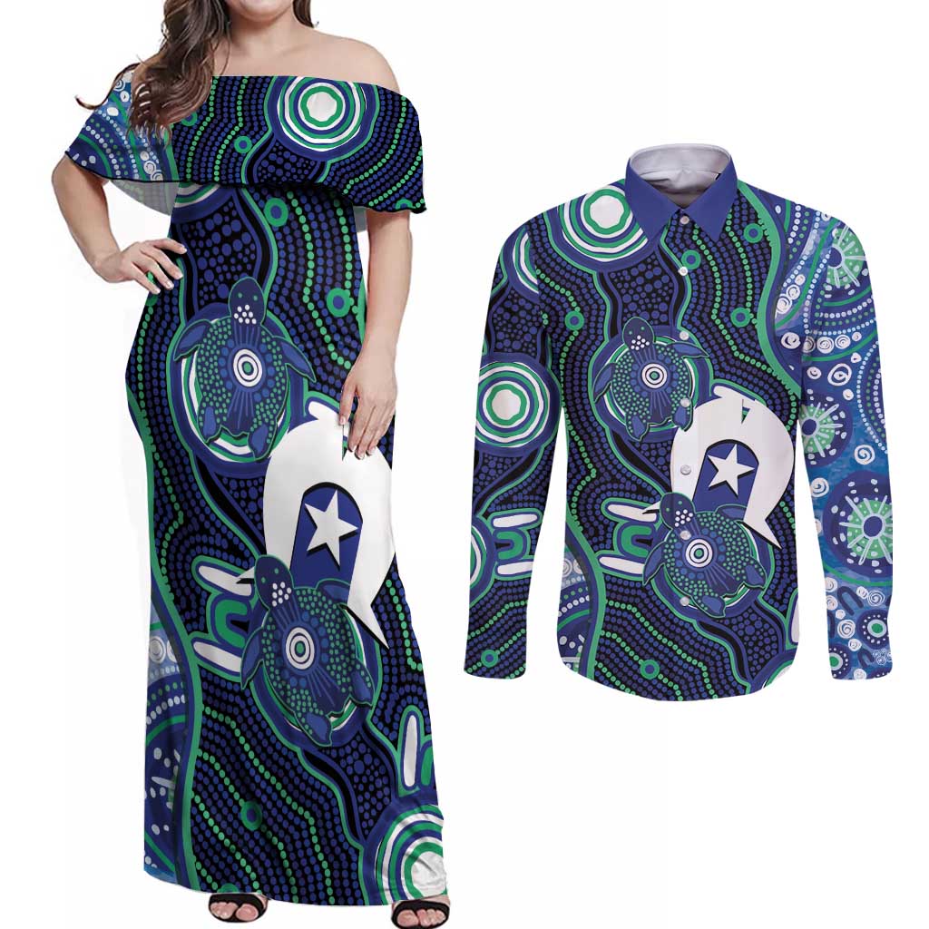 Personalised Torres Strait Islander Flag Day Couples Matching Off Shoulder Maxi Dress and Long Sleeve Button Shirt Aboriginal Sea Turtle And Dhari