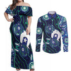 Personalised Torres Strait Islander Flag Day Couples Matching Off Shoulder Maxi Dress and Long Sleeve Button Shirt Aboriginal Sea Turtle And Dhari