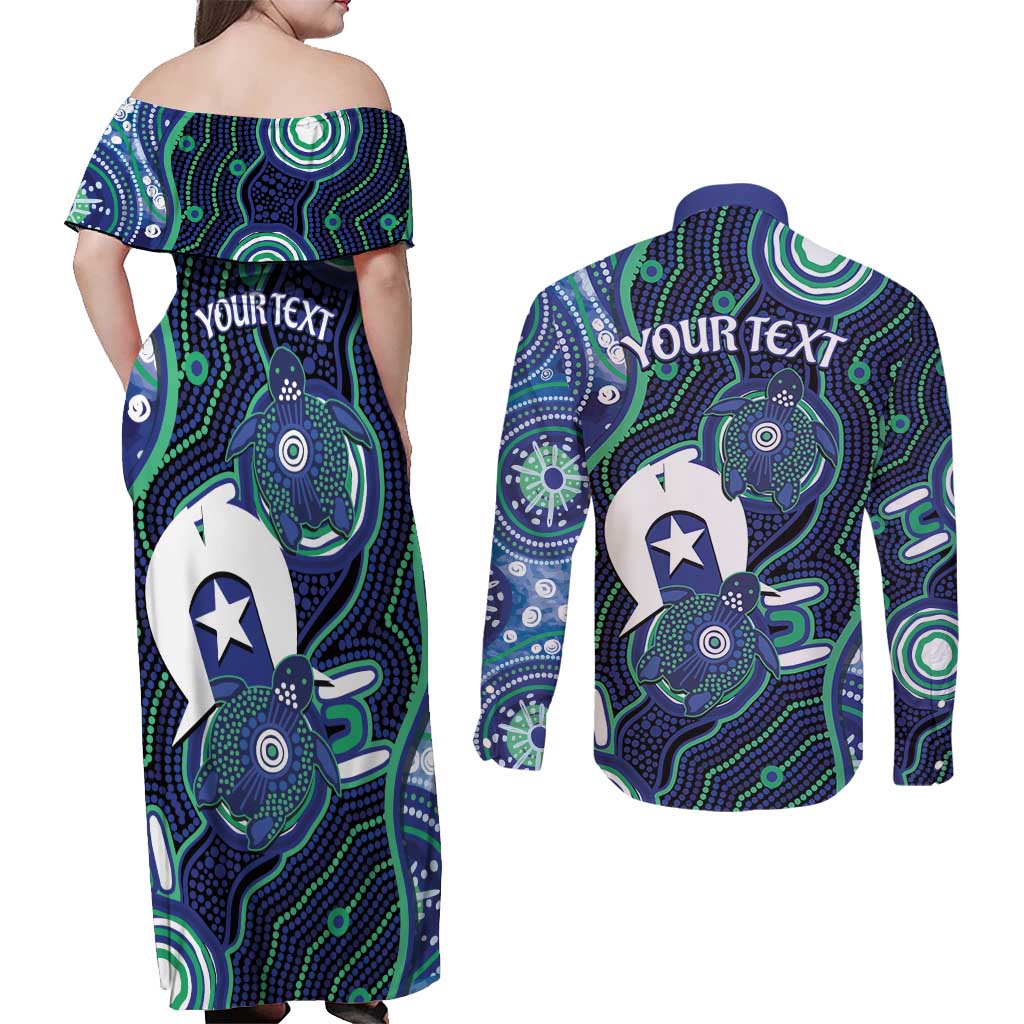 Personalised Torres Strait Islander Flag Day Couples Matching Off Shoulder Maxi Dress and Long Sleeve Button Shirt Aboriginal Sea Turtle And Dhari