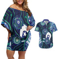 Personalised Torres Strait Islander Flag Day Couples Matching Off Shoulder Short Dress and Hawaiian Shirt Aboriginal Sea Turtle And Dhari