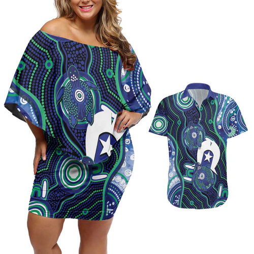 Personalised Torres Strait Islander Flag Day Couples Matching Off Shoulder Short Dress and Hawaiian Shirt Aboriginal Sea Turtle And Dhari