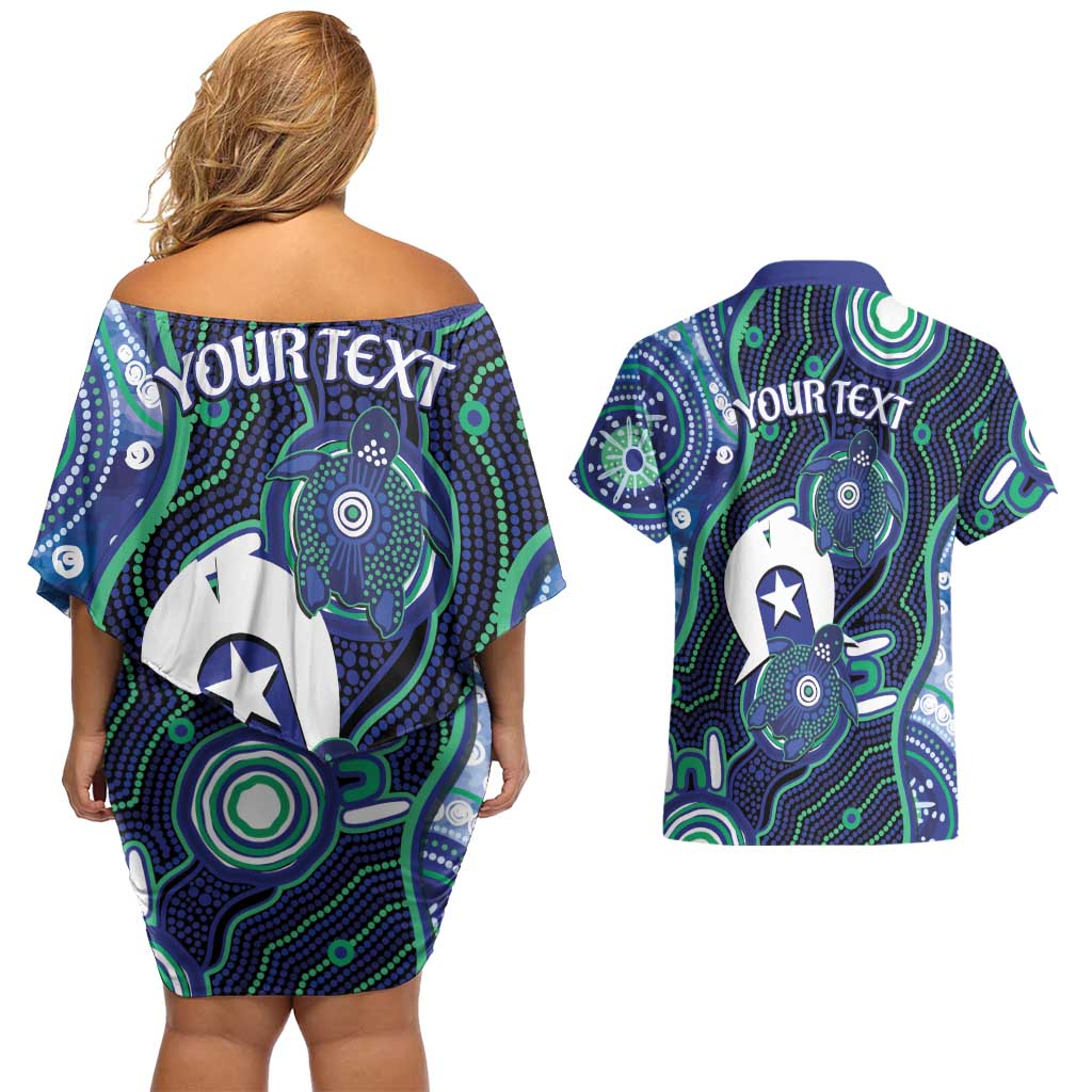 Personalised Torres Strait Islander Flag Day Couples Matching Off Shoulder Short Dress and Hawaiian Shirt Aboriginal Sea Turtle And Dhari