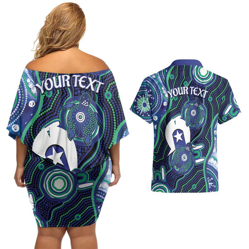 Personalised Torres Strait Islander Flag Day Couples Matching Off Shoulder Short Dress and Hawaiian Shirt Aboriginal Sea Turtle And Dhari