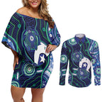 Personalised Torres Strait Islander Flag Day Couples Matching Off Shoulder Short Dress and Long Sleeve Button Shirt Aboriginal Sea Turtle And Dhari