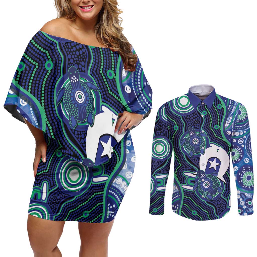 Personalised Torres Strait Islander Flag Day Couples Matching Off Shoulder Short Dress and Long Sleeve Button Shirt Aboriginal Sea Turtle And Dhari