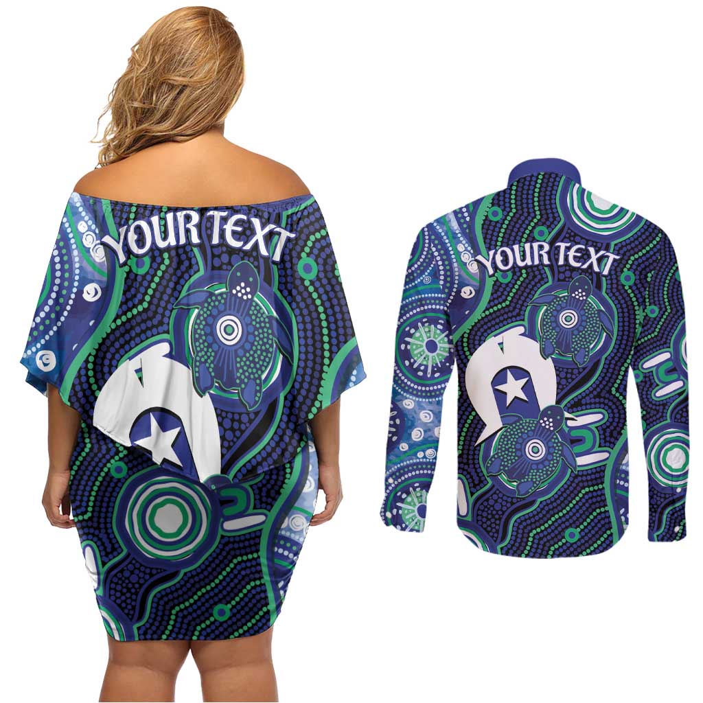 Personalised Torres Strait Islander Flag Day Couples Matching Off Shoulder Short Dress and Long Sleeve Button Shirt Aboriginal Sea Turtle And Dhari