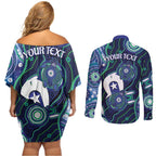 Personalised Torres Strait Islander Flag Day Couples Matching Off Shoulder Short Dress and Long Sleeve Button Shirt Aboriginal Sea Turtle And Dhari