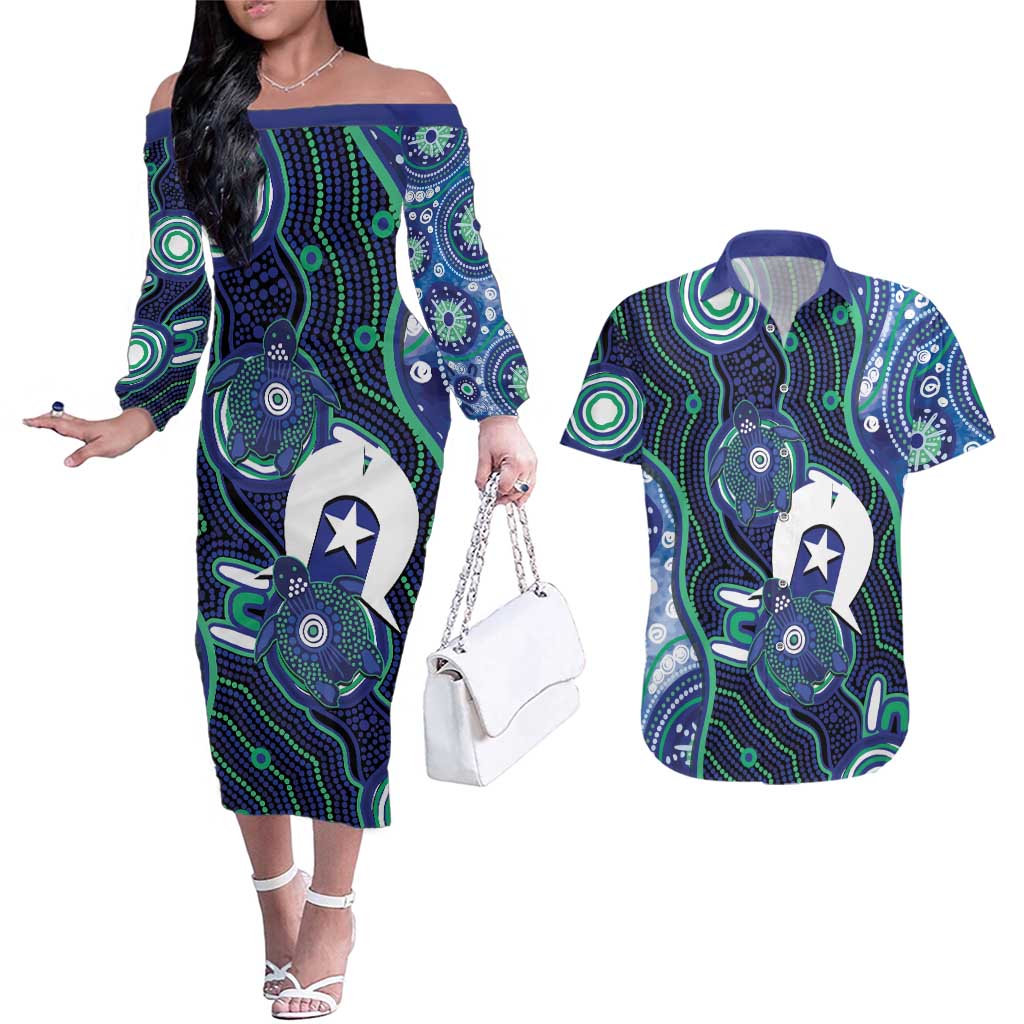 Personalised Torres Strait Islander Flag Day Couples Matching Off The Shoulder Long Sleeve Dress and Hawaiian Shirt Aboriginal Sea Turtle And Dhari