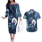 Personalised Torres Strait Islander Flag Day Couples Matching Off The Shoulder Long Sleeve Dress and Hawaiian Shirt Aboriginal Sea Turtle And Dhari