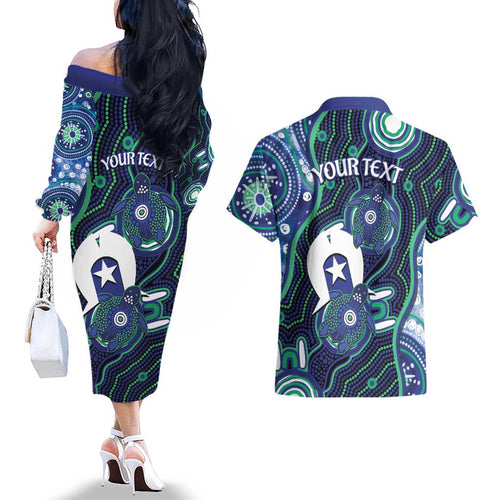 Personalised Torres Strait Islander Flag Day Couples Matching Off The Shoulder Long Sleeve Dress and Hawaiian Shirt Aboriginal Sea Turtle And Dhari