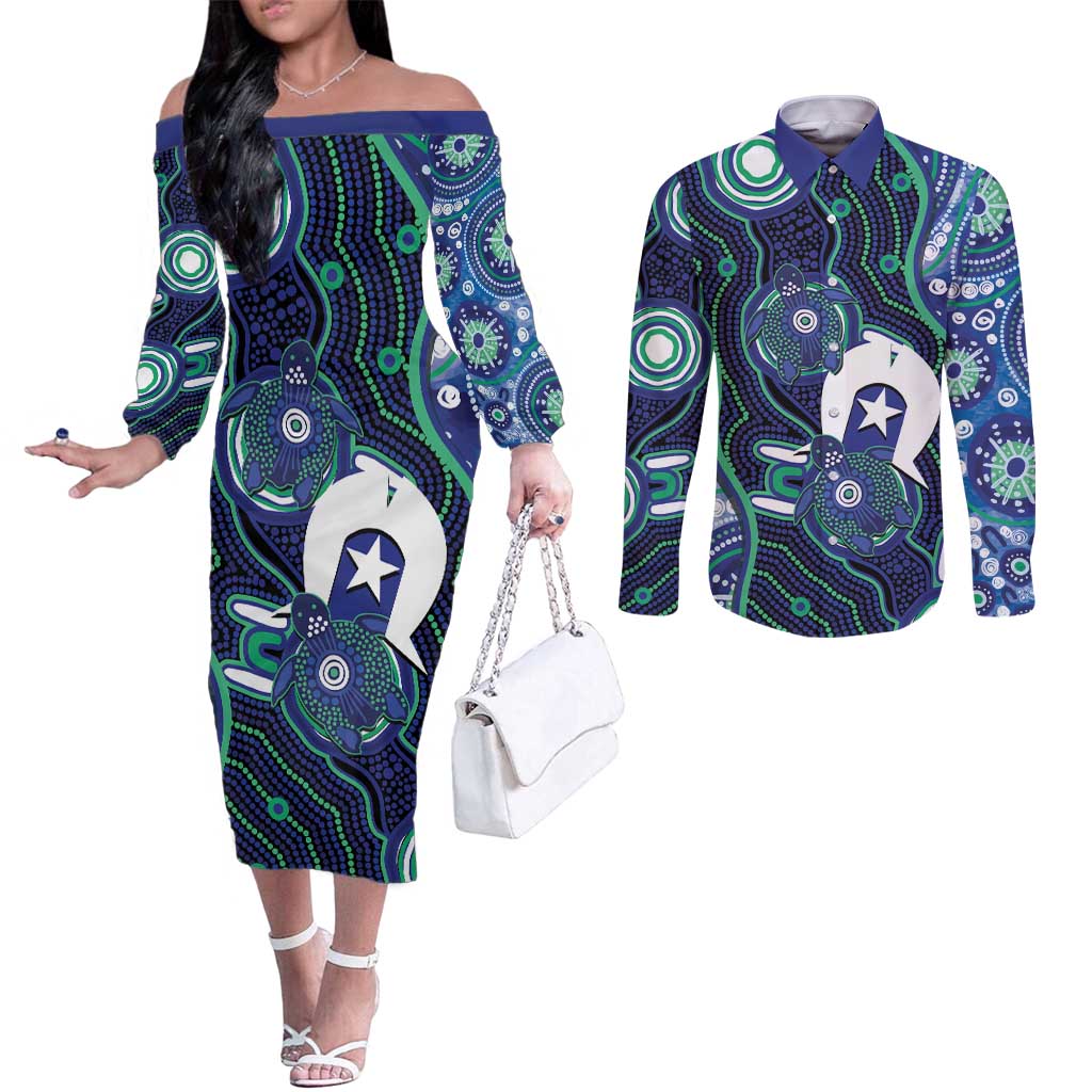Personalised Torres Strait Islander Flag Day Couples Matching Off The Shoulder Long Sleeve Dress and Long Sleeve Button Shirt Aboriginal Sea Turtle And Dhari