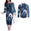 Personalised Torres Strait Islander Flag Day Couples Matching Off The Shoulder Long Sleeve Dress and Long Sleeve Button Shirt Aboriginal Sea Turtle And Dhari