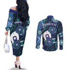 Personalised Torres Strait Islander Flag Day Couples Matching Off The Shoulder Long Sleeve Dress and Long Sleeve Button Shirt Aboriginal Sea Turtle And Dhari