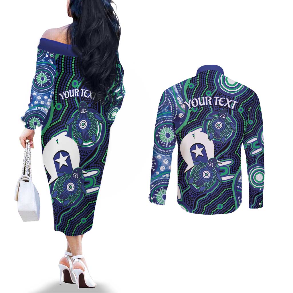 Personalised Torres Strait Islander Flag Day Couples Matching Off The Shoulder Long Sleeve Dress and Long Sleeve Button Shirt Aboriginal Sea Turtle And Dhari