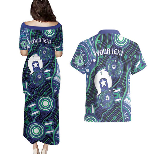 Personalised Torres Strait Islander Flag Day Couples Matching Puletasi and Hawaiian Shirt Aboriginal Sea Turtle And Dhari