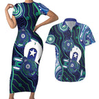 Personalised Torres Strait Islander Flag Day Couples Matching Short Sleeve Bodycon Dress and Hawaiian Shirt Aboriginal Sea Turtle And Dhari
