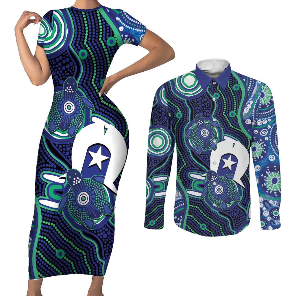 Personalised Torres Strait Islander Flag Day Couples Matching Short Sleeve Bodycon Dress and Long Sleeve Button Shirt Aboriginal Sea Turtle And Dhari