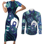 Personalised Torres Strait Islander Flag Day Couples Matching Short Sleeve Bodycon Dress and Long Sleeve Button Shirt Aboriginal Sea Turtle And Dhari